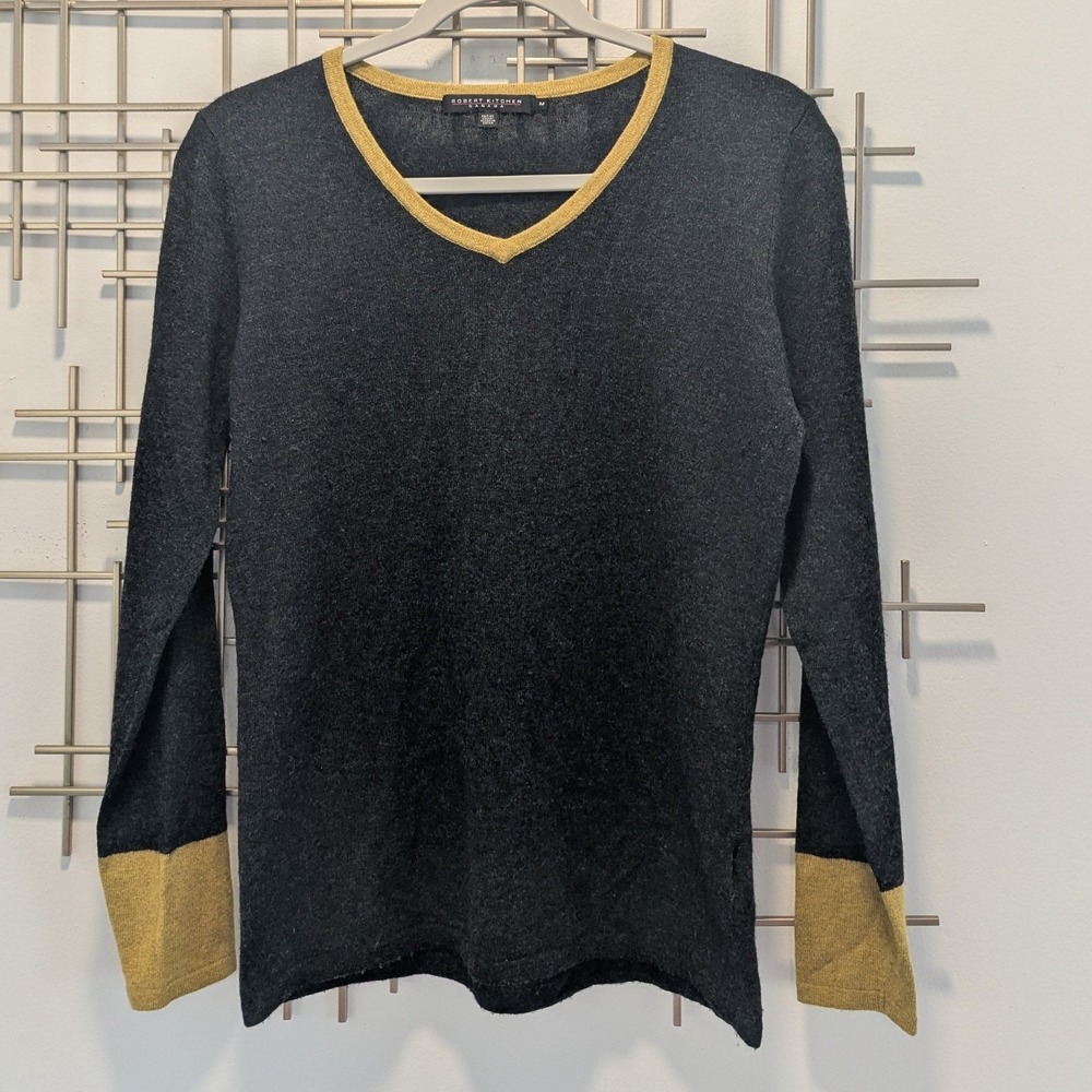 Robert Kitchen Sweater Charcoal Grey Mustard V-Neck Wool Alpaca Sz M Minimalist